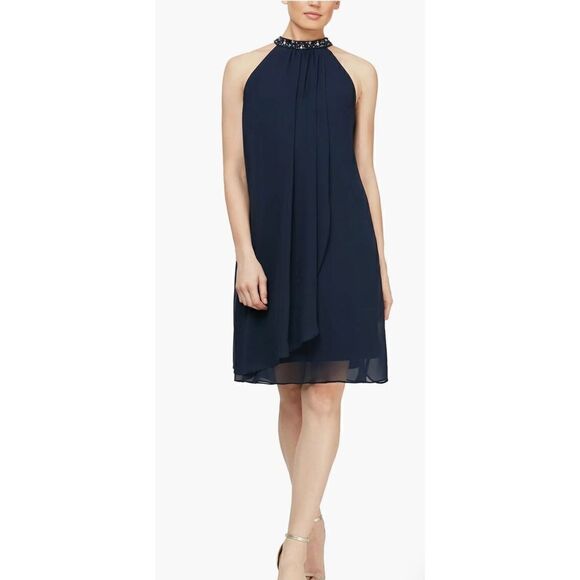 SL Fashions Embellished Mock Neck Chiffon Shift Dress Size 8 - Picture 1 of 6
